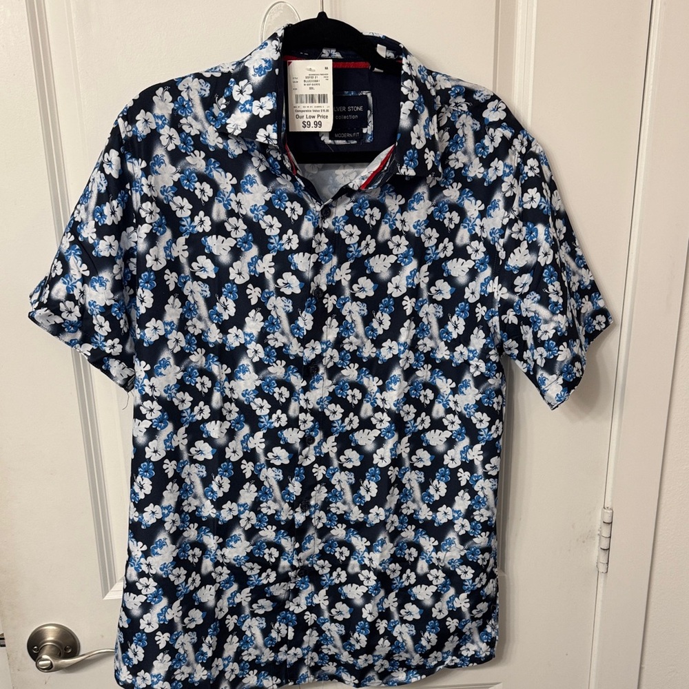 Silver Stone collection Men's Floral Button Down Shirt - Navy and White